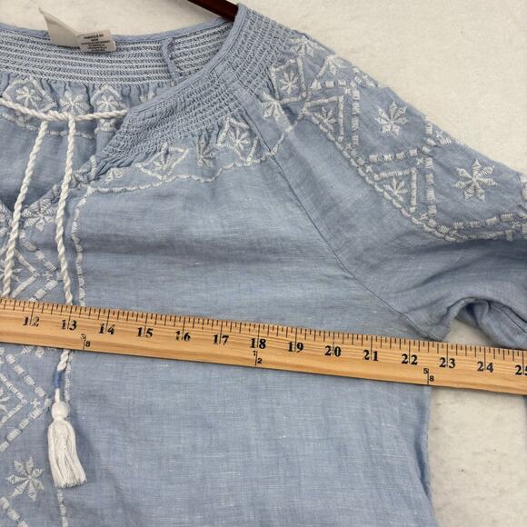 Joie Embroidered Linen Blouse Top Size L Blue Tassel Tie Boho Peasant Bohemian - Picture 8 of 9